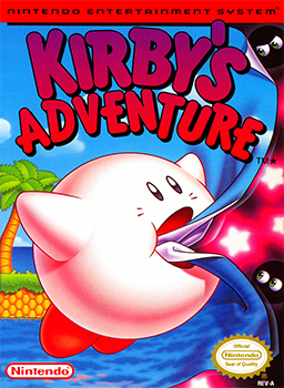 The cover art for “Kirby's Adventure”, a 1993 video game for the NES.