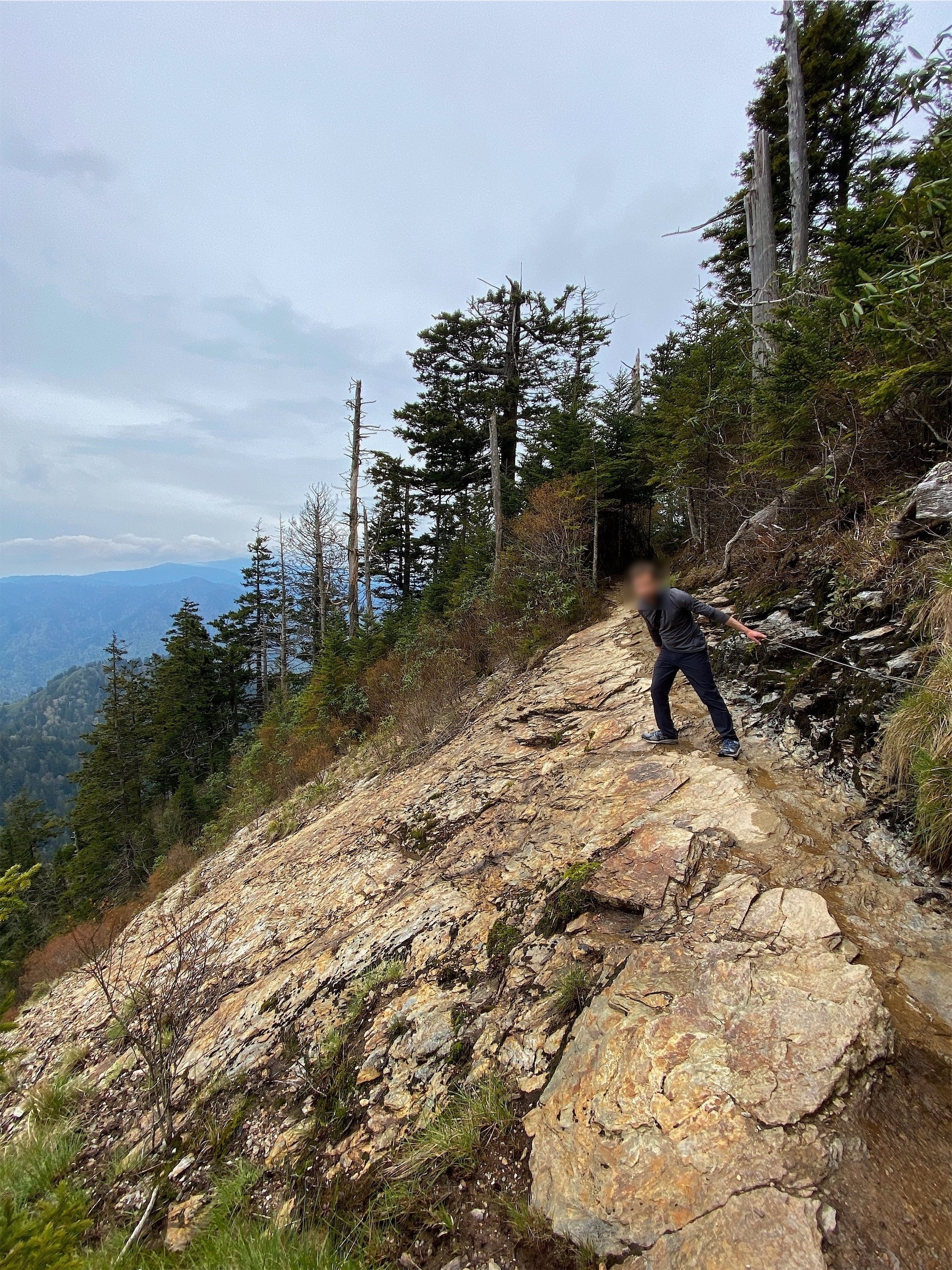 Person holding onto wire attached to to the rock behind him, on a trail in the mountains, leaning over the steep hillside off the trail. Trees in the back of the photo, long with the clouds and a view of distant mountains / hills.